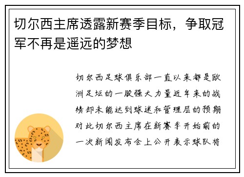 切尔西主席透露新赛季目标，争取冠军不再是遥远的梦想